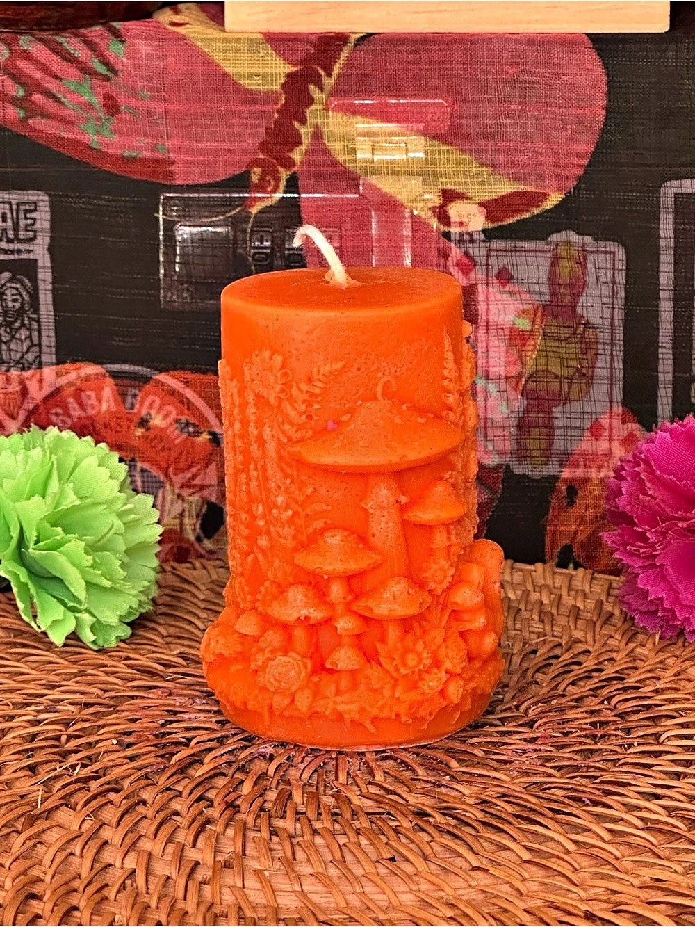 Enchanted Mushroom Forest Pillar Candle – Orange